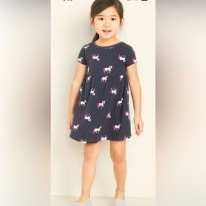 Old Navy Toddler Fit And Flare Print Dress, Gray, Unicorn Print Size 18-24 Month